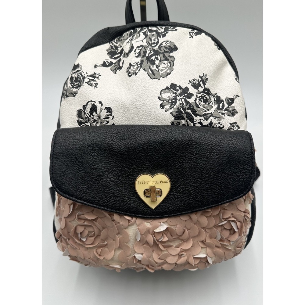 Betsey Johnson Floral Petal Appliqué Black Backpack Heart Clasp Faux Leather